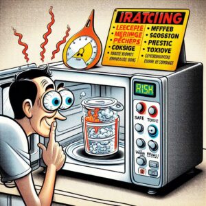 An exaggerated cartoon of someone eyeing their plastic container in the microwave with a "risk meter" hovering between "Safe" and "Toxic" zones