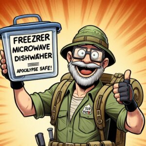 Cartoonish meal-prepper proudly holding up a plastic container labeled “Freezer, Microwave, Dishwasher, Apocalypse Safe