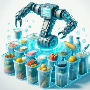 A futuristic, almost sci-fi depiction of plastic containers with all these advanced features highlighted in an exaggerated way (e.g., a robotic arm storing food in one)