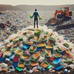 A landfill full of plastic containers, with a lone person atop the heap, holding a perfectly meal-prepped salad