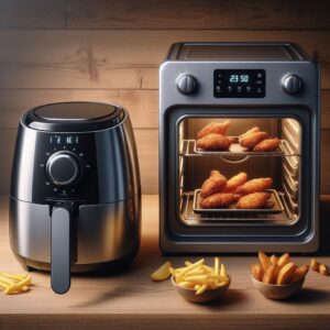 A comparison of an air fryer and a full-size oven, showcasing the compact and speedy nature of the air fryer against the larger, slower, but high-capacity oven.