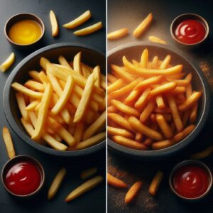 A side-by-side comparison of air-fried French fries versus traditional deep-fried fries, highlighting the crispy yet less greasy texture of air-fried food.