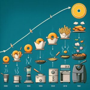 A timeline graphic showing the evolution of cooking methods from traditional deep frying to the invention of the air fryer.