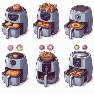 Illustrations of different types of air fryers, from basket-style to air fryer ovens, highlighting their features.