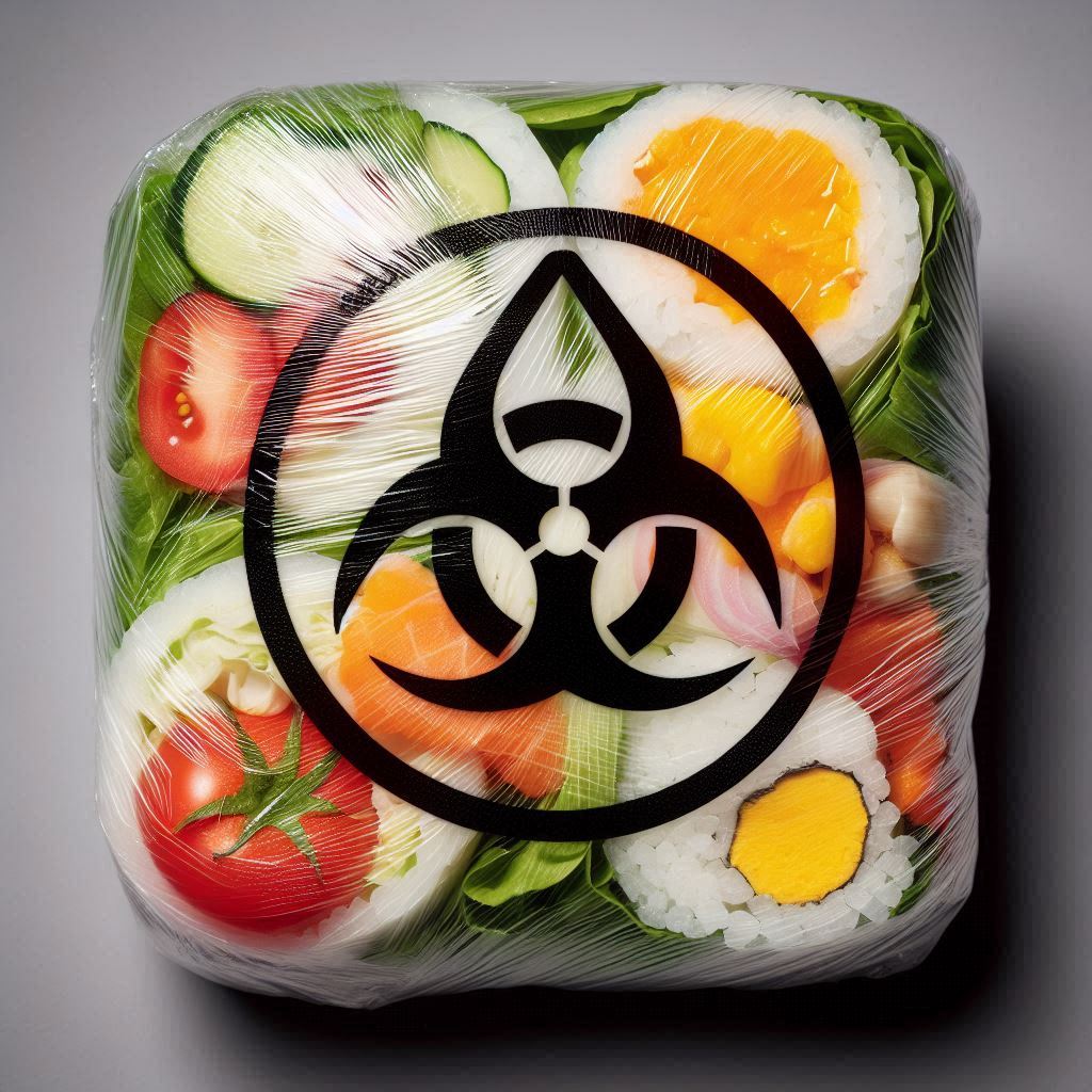 Close-up of food wrap made from PVC, with a warning symbol highlighting potential chemical leaching.
PVC plastic, food wrap safety, chemical leaching, avoid PVC, harmful plastics
