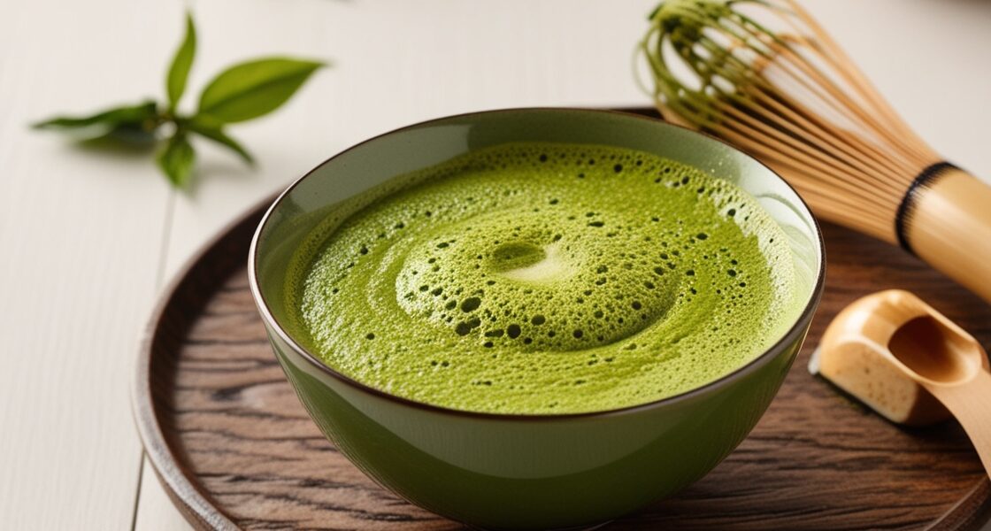 A featured image showing a close-up view of a vibrant, frothy bowl of matcha green tea, with a bamboo whisk and scoop arranged beside it on a minimalist, rustic wooden surface. In the background, a few sprigs of green tea leaves add a fresh, natural touch, while soft, natural lighting highlights the rich, bright green color of the matcha powder. The scene feels warm, inviting, and tranquil, evoking the traditional Japanese tea ceremony atmosphere.