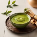 A featured image showing a close-up view of a vibrant, frothy bowl of matcha green tea, with a bamboo whisk and scoop arranged beside it on a minimalist, rustic wooden surface. In the background, a few sprigs of green tea leaves add a fresh, natural touch, while soft, natural lighting highlights the rich, bright green color of the matcha powder. The scene feels warm, inviting, and tranquil, evoking the traditional Japanese tea ceremony atmosphere.