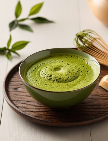 A featured image showing a close-up view of a vibrant, frothy bowl of matcha green tea, with a bamboo whisk and scoop arranged beside it on a minimalist, rustic wooden surface. In the background, a few sprigs of green tea leaves add a fresh, natural touch, while soft, natural lighting highlights the rich, bright green color of the matcha powder. The scene feels warm, inviting, and tranquil, evoking the traditional Japanese tea ceremony atmosphere.