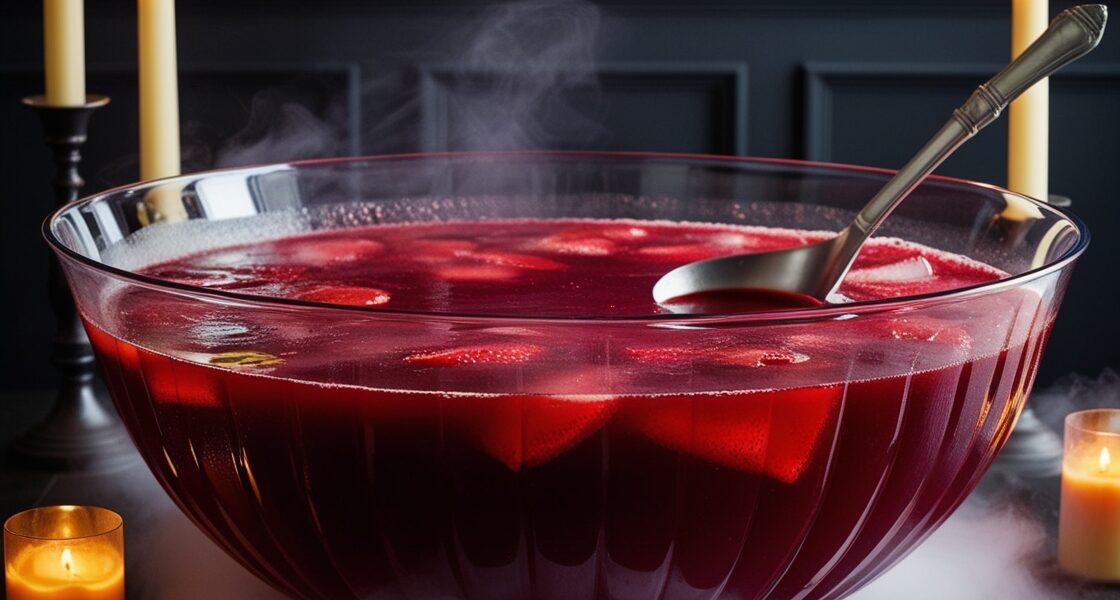 A large punch bowl filled with a deep red punch, with subtle layers from the grenadine. The punch should have a rich, blood-like hue. The setting is moody and atmospheric, with flickering candlelight and a dark wooden table. A ladle rests in the bowl, ready to serve. The overall aesthetic is elegant yet slightly eerie, evoking a haunted but sophisticated Halloween party. Mist subtly surrounds the base of the bowl, adding a supernatural touch.
