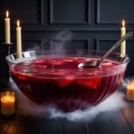 A large punch bowl filled with a deep red punch, with subtle layers from the grenadine. The punch should have a rich, blood-like hue. The setting is moody and atmospheric, with flickering candlelight and a dark wooden table. A ladle rests in the bowl, ready to serve. The overall aesthetic is elegant yet slightly eerie, evoking a haunted but sophisticated Halloween party. Mist subtly surrounds the base of the bowl, adding a supernatural touch.