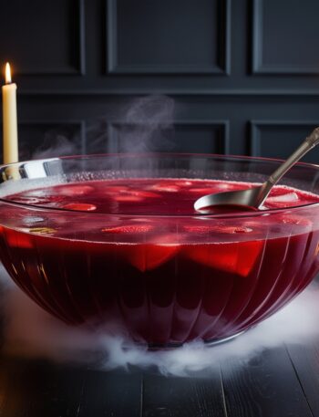 A large punch bowl filled with a deep red punch, with subtle layers from the grenadine. The punch should have a rich, blood-like hue. The setting is moody and atmospheric, with flickering candlelight and a dark wooden table. A ladle rests in the bowl, ready to serve. The overall aesthetic is elegant yet slightly eerie, evoking a haunted but sophisticated Halloween party. Mist subtly surrounds the base of the bowl, adding a supernatural touch.