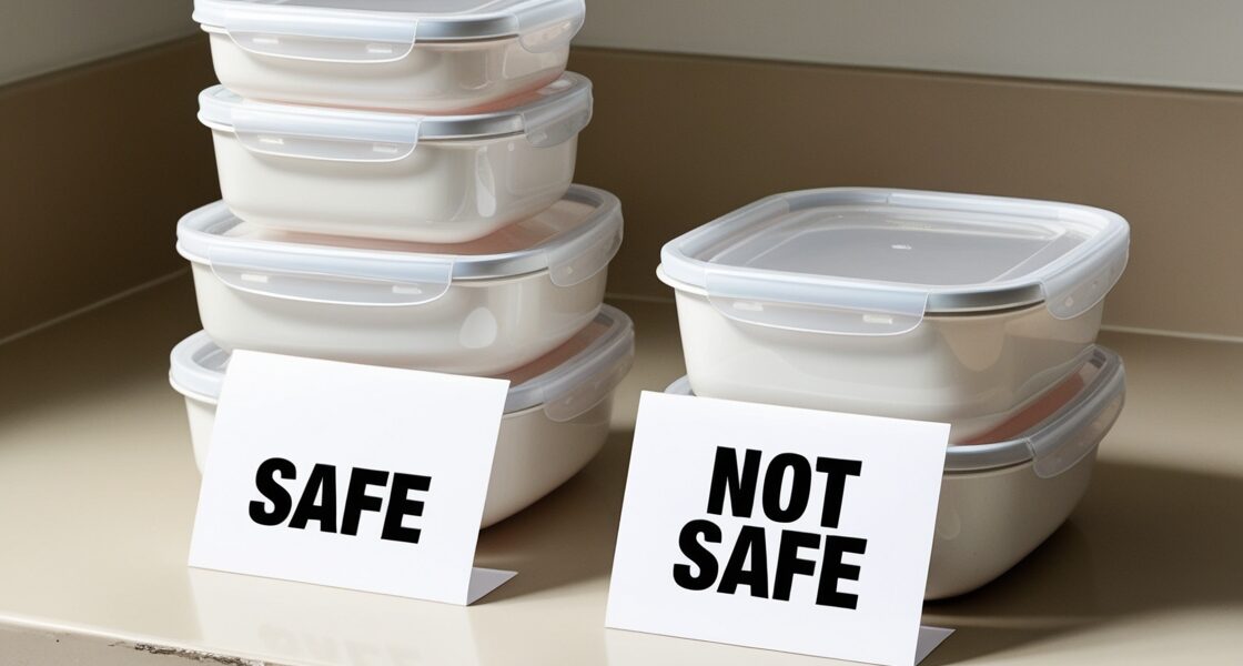 two stack of plastic food containers on a counter with a label on the counter for each stack marked as safe of not safe