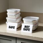 two stack of plastic food containers on a counter with a label on the counter for each stack marked as safe of not safe