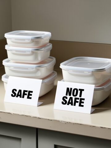 two stack of plastic food containers on a counter with a label on the counter for each stack marked as safe of not safe