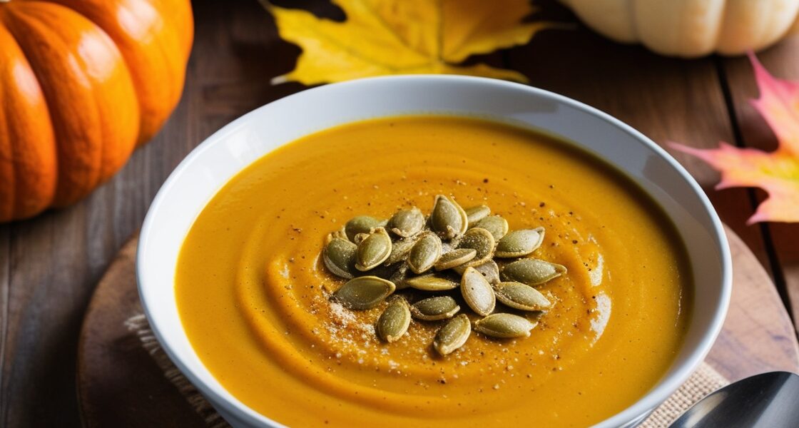 A bowl of creamy pumpkin soup with roasted pumpkin seeds on a wooden table.