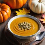 A bowl of creamy pumpkin soup with roasted pumpkin seeds on a wooden table.