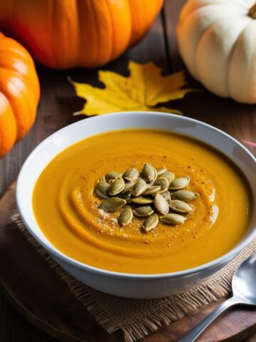 A bowl of creamy pumpkin soup with roasted pumpkin seeds on a wooden table.