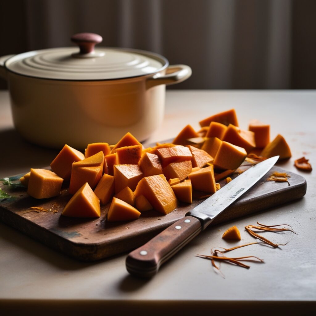 Diced pumpkin on a cutting board for soup preparation.