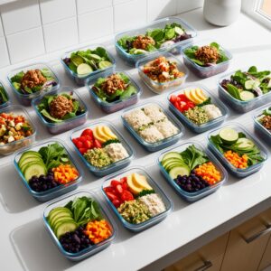 Meal prep containers with balanced, organized meals.